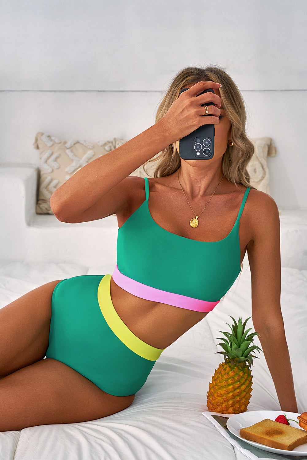 Sea Green Color Block High Waisted Bikini