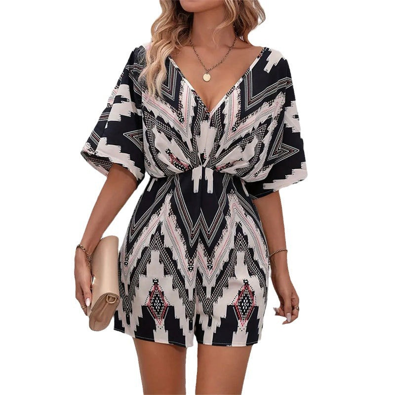 Women's Printed V-neck Loose Jumpsuit