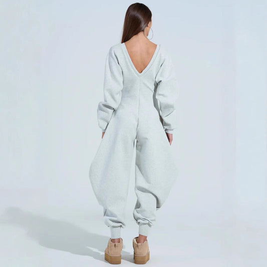 Long-Sleeve Bodycon V-Neck Jumpsuit
