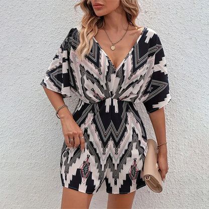 Women's Printed V-neck Loose Jumpsuit