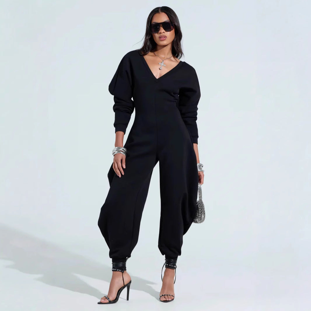 Long-Sleeve Bodycon V-Neck Jumpsuit