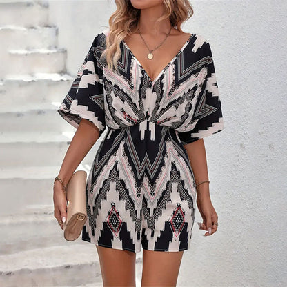 Women's Printed V-neck Loose Jumpsuit