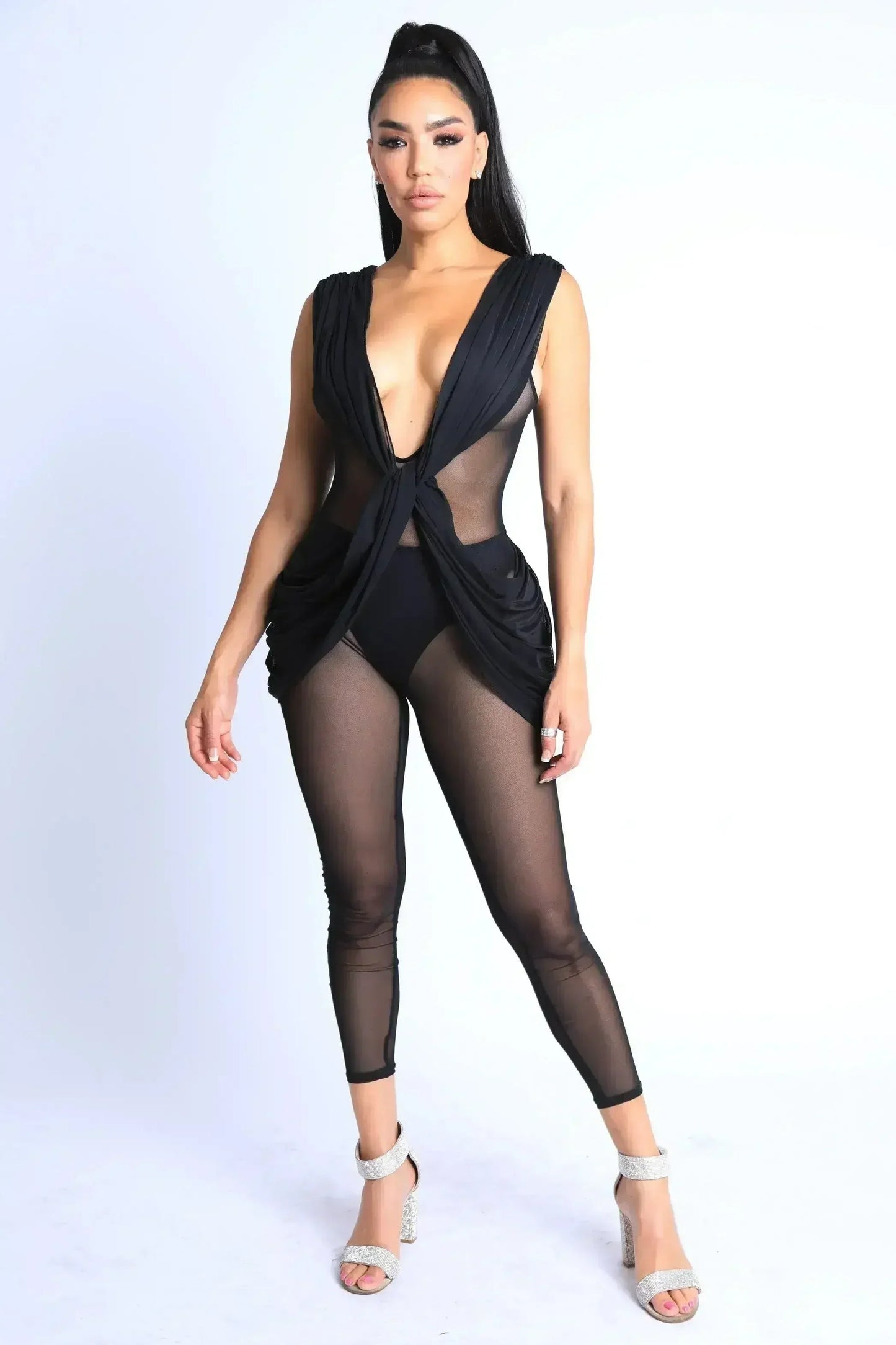 Sexy Draped Mesh Jumpsuit